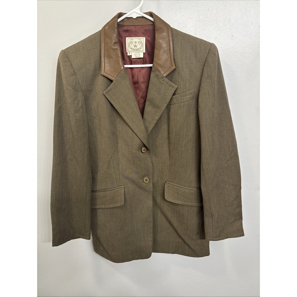 Wathne Women’s 100% Wool Jacket Coat With Leather Collar And Sleeve Patch Size 6